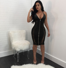 Sexy Slim Sling Bandage Leather Midi Dress LSL-6103