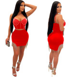 Fashion Hot Diamond Sling Top And Skirt Two Piece Set BY-6233