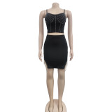 Fashion Hot Diamond Sling Top And Skirt Two Piece Set BY-6233
