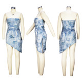 Tube Top Print Split Irregular Mini Dress XHSY-19547