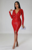 Solid Long Sleeve Slim Fit Midi Dress XHXF-342