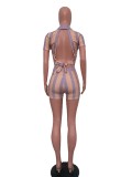 Printed Sexy Backless Short Sleeve Shorts Two Piece Set ORY-5238