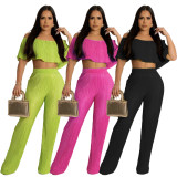 Solid Color Off-shoulder Top Pants Two Piece Set WSM-5339