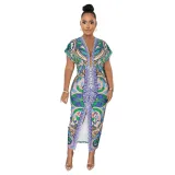 Printed V-neck Slit Dress ME-8294