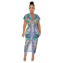 Printed V-neck Slit Dress ME-8294