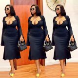 Solid Color Long Sleeve Midi Dress WMEF-20813