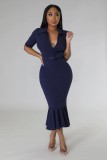 Solid Color Ruffles Waist Belt Midi Dress GYLY-10001