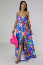 Sexy Sling V Neck Split Print Dress XHXF-348