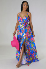 Sexy Sling V Neck Split Print Dress XHXF-348