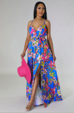 Sexy Sling V Neck Split Print Dress XHXF-348