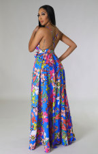 Sexy Sling V Neck Split Print Dress XHXF-348