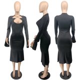 Solid Color Long Sleeve Midi Dress WMEF-20813