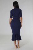 Solid Color Ruffles Waist Belt Midi Dress GYLY-10001