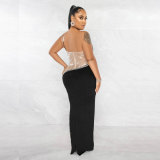Pearl Hot Drill See-through Mesh Maxi Dress NY-9066