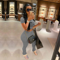 Letter Print Short Sleeve Pleated Pants Two Piece Set CXLF-8113