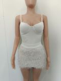 Sexy Solid Sling And Hairy Skirt 2 Piece Set BN-9412