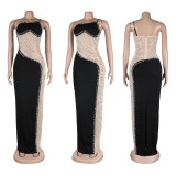 Pearl Hot Drill See-through Mesh Maxi Dress NY-9066