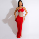 Pearl Hot Drill See-through Mesh Maxi Dress NY-9066