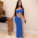 Pearl Hot Drill See-through Mesh Maxi Dress NY-9066