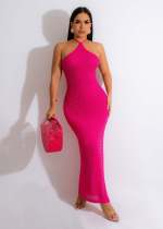 Sexy Hollow Out Halter Splirt Knit Maxi Dress OSM-4385