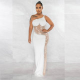 Pearl Hot Drill See-through Mesh Maxi Dress NY-9066