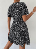 Casual V Neck Tie Up Print Dress FSXF-F390