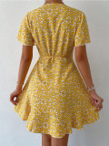 Casual V Neck Tie Up Print Dress FSXF-F390