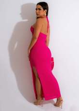 Sexy Hollow Out Halter Splirt Knit Maxi Dress OSM-4385