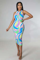 Colorful Print Sleeveless Midi Dress BYMF-60863