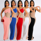 Pearl Hot Drill See-through Mesh Maxi Dress NY-9066