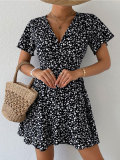 Casual V Neck Tie Up Print Dress FSXF-F390
