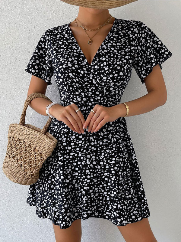 Casual V Neck Tie Up Print Dress FSXF-F390