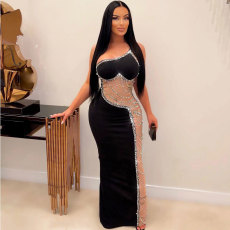 Pearl Hot Drill See-through Mesh Maxi Dress NY-9066