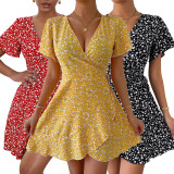 Casual V Neck Tie Up Print Dress FSXF-F390