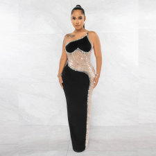 Pearl Hot Drill See-through Mesh Maxi Dress NY-9066