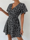 Casual V Neck Tie Up Print Dress FSXF-F390