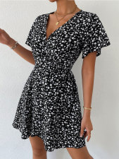 Casual V Neck Tie Up Print Dress FSXF-F390