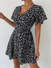 Casual V Neck Tie Up Print Dress FSXF-F390