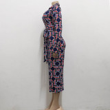 Sexy Fashion Print V-neck Long Sleeve Midi Dress SMR-11955