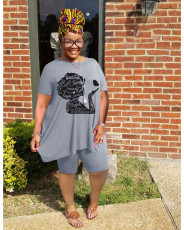 Plus Size Casual Print Two Piece Shorts Set WAF-7416267
