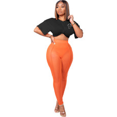 Fashion Sexy Print Top Mesh Pants Two Piece Set WAF-7530245