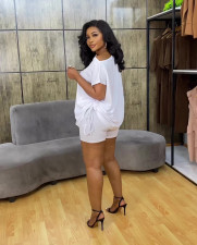 Solid Bat Sleeve Drawstring Top Shorts Set MAE-2158
