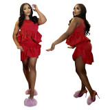 Solid Color Sleeveless Top Fungus Edge Skirt Two Piece Set YF-10436