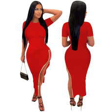 Short Sleeve One Side Zipper Long Dress TE-4601