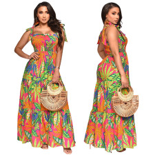Printed Sleeveless Lace-up Maxi Dress YF-10427