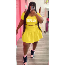 Plus Size Letter Crop Top Pleated Skirt Two Piece Set WAF-7426246