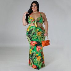 Plus Size Sexy Print Halter Tie Up Skirts Two Piece Set NNWF-7799