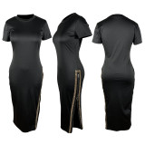 Short Sleeve One Side Zipper Long Dress TE-4601