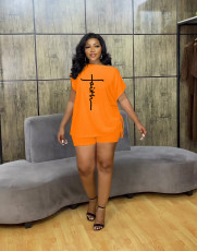 Letter Print Bat Sleeve Drawstring T-shirt Shorts Set  MAE-2159