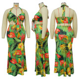 Plus Size Sexy Print Halter Tie Up Skirts Two Piece Set NNWF-7799